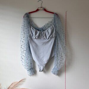 Free People Bodysuit – Baby Blue Velvet Polka Dots, Sheer Puffed Sleeves, Size L